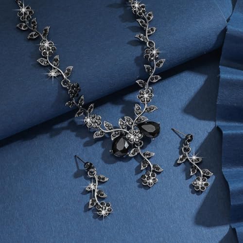 CSIYANJRY99 Silver Prom Jewelry Set Gold Wedding Jewelry Sets for Brides Necklace and Earring Bracelet Rhinestone Prom Party Costume Accessorie - color: A-Black