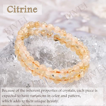 Bivei 6mm Beaded Bracelets for Women Handmade Semi Precious Natural Stone Stretch Elastic Jewelry Yoga Protection Gifts - color: Citrine - Wealth & Success, size: Large 8-8.27 inch