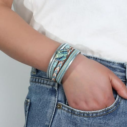 Fesciory Leather Wrap Bracelet for Women, Boho Western Layered Cuff Jewelry | Stackable Bracelets, Easy-On Clasp, Daily Wear, Pairs with Boho Western Outfits, Gift for Women - color: Blue2