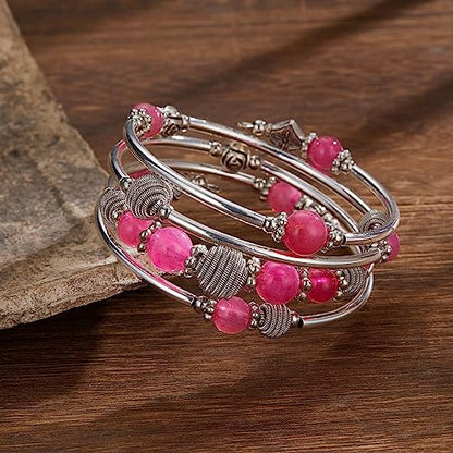 PEARL&CLUB Beaded Chakra Bangle Turquoise Bracelet - Fashion Jewelry Wrap Bracelet with Thick Silver Metal and Mala Beads, Birthday Gifts For Women - color: Hot pink