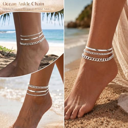 DEARMAY Gold Anklets for Women Waterproof | Non Tarnish14K Gold Plated Ankle Bracelets Set Stack, Summer Beach Jewelry Gifts for Vacation - color: Silver Anklet-B