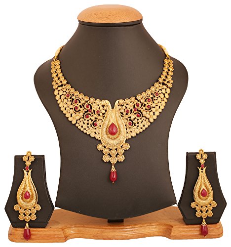 Touchstone Indian Bollywood Traditional Craftsmanship Mughal Designer Jewelry Wedding Necklace Set in Antique Gold Or White Tone for Women. - style: D454 Red
