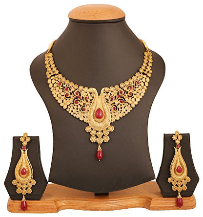 Touchstone Indian Bollywood Traditional Craftsmanship Mughal Designer Jewelry Wedding Necklace Set in Antique Gold Or White Tone for Women. - style: D454 Red