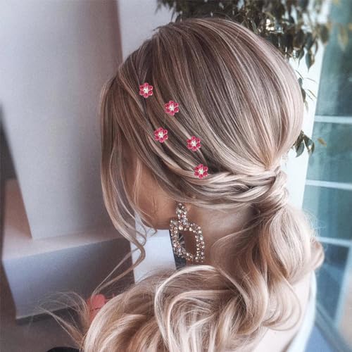 QIUTIMIY 20 Pack (Pink) Crystal Flower Hair Pins Rhinestone Hair Clips for Bridal Wedding Women Hair Jewelry Accessories, with Clear Container - color: Crystal Flower-Pink