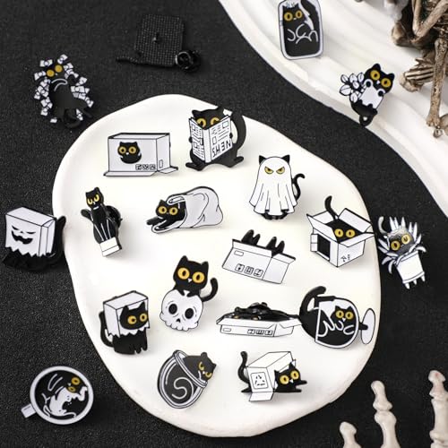 Landical 30/60 Pcs Cute Enamel Pins Bulk Plant Flower Animal Halloween Gothic Fall Pumpkin Cartoon Lapel Pin Brooches Jewelry Gift for Backpack Clothes Hats Accessories - style: Cat