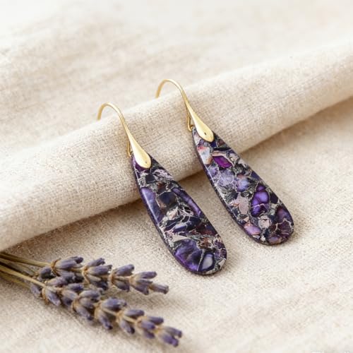 Boho Natural Imperial Jasper Teardrop Dangle Earrings for Women – Hypoallergenic French Hook Stone Drop Earrings Jewelry - color: Purple Golden Hook