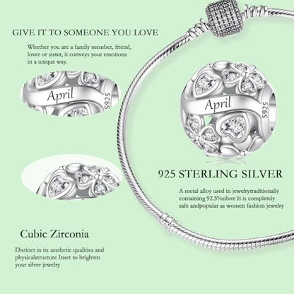 925 Sterling Silver Lucky Clover Birthstone Charms for Bracelets Dangle Pendant with 5A Cubic Zirconia Compatible Pandora Bracelets, Ladies Birthday Gift - style: 4-April