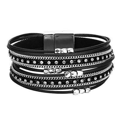Fesciory Leather Wrap Bracelets for Women, Boho Western Layered Jewelry | Layered leather cuff bracelets, Easy on and off, Boho western style, Daily wear, Gift for women - color: Black 3