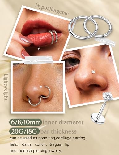 JeryWe 12PCS Nose Rings for Women - Gold Plated Hypoallergenic Surgical Steel Nose Rings Hoops Lip Septum Clicker Ring CZ Screw L Shaped Studs Threadless Flat Back Stud Nostril Piercing Jewelry - color: Steel - Heart CZ