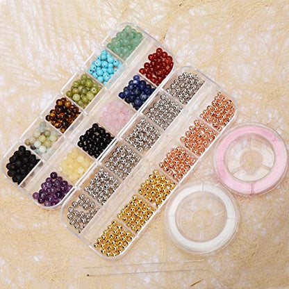 4mm Natural Mixed Materials Gemstones Beads and Brass Tiny Spacer Round Loose Beads Jewelry Making KIT with Thread and Needles 300PCS+300 PCS(12 Natural 3 Brass, 4mm) - color: 12 Natural 3 Brass, size: 4mm