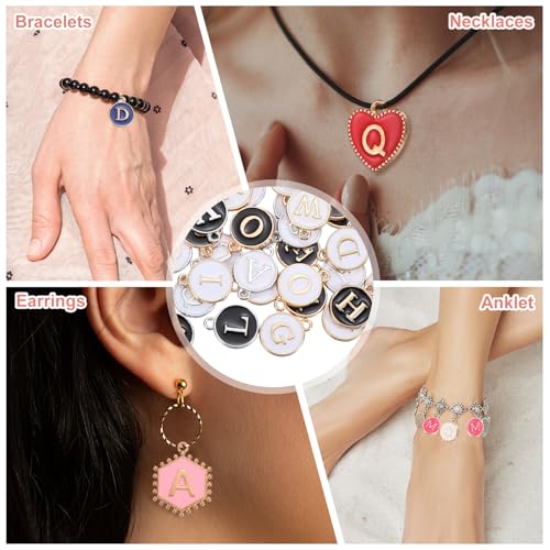 MECCANIXITY Letter Initial Charm Double Sided Alphabet Pendants A-Z Letter Charm for Jewelry Making Necklaces Bracelets Earrings DIY Accessories - color: White/Black with Gold/Silver Trim