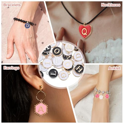 MECCANIXITY Letter Initial Charm Double Sided Alphabet Pendants A-Z Letter Charm for Jewelry Making Necklaces Bracelets Earrings DIY Accessories - color: White/Black with Gold/Silver Trim