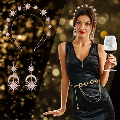 Glenmal 4 Pieces Celestial Jewelry Moon Stars Crown Necklaces and Body Chain Headband Drop Earrings for Women - color: Rose Gold