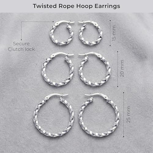Charmsy Set of 3 Pairs 925 Sterling Silver Hoop Earrings for Women | Lightweight Italian 2.5mm Tube Diamond-Cut Classic Texured Click-Top Hoops Earring | Size 12/13/15/18/20/25mm - color: Twist-15/20/25mm