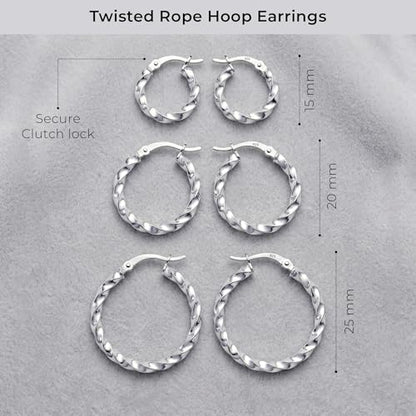 Charmsy Set of 3 Pairs 925 Sterling Silver Hoop Earrings for Women | Lightweight Italian 2.5mm Tube Diamond-Cut Classic Texured Click-Top Hoops Earring | Size 12/13/15/18/20/25mm - color: Twist-15/20/25mm