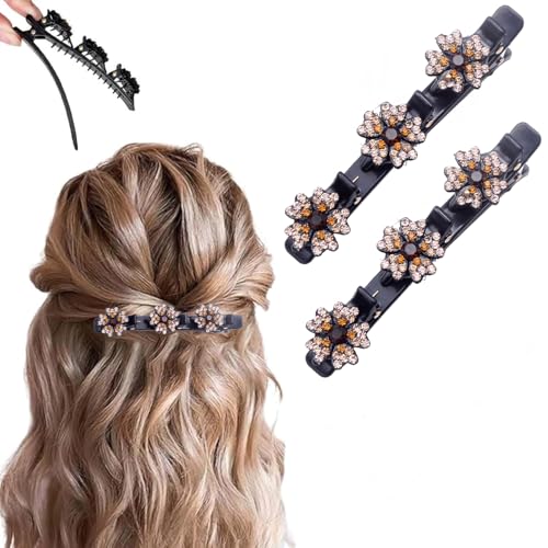 2 Pcs Sparkling Crystal Stone Braided Hair Clips, 2025 New Satin Fabric Hair Bands Rhinestone Four-Leaf Clover Hair Clip for Styling, Duck Bill Clips for Women Girls, Color E - color: Color E