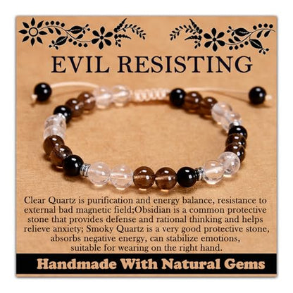 468Handmade Adjustable Natural Gemstone Crystal Bracelet Healing Power Energy Inspirational Gifts with Card for Unisex - color: 19-EVIL RESISTING(Clear Quartz&Smoky Quartz&Obsidian), size: 6mm