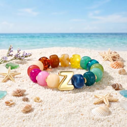 Bubble Initial Chunky Beaded Bracelet for Women Colorful Resin Bead Trendy Statement Big Stretch Bracelets Summer Beach Boho Charm Jewelry Cute Gifts for Women - color: Initial Z