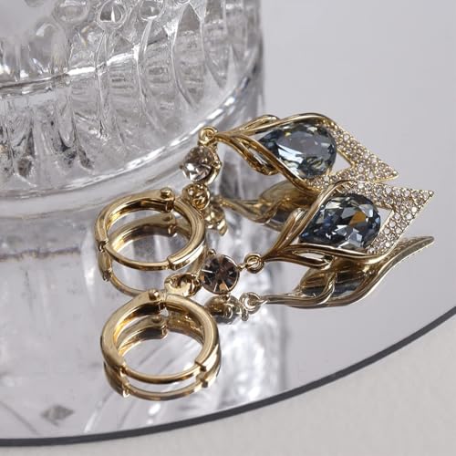 Sonateomber Gold Silver Small Hoop Dangle Earrings for Women, Trendy Dainty Rhinestone CZ Dangling Prom Wedding Leaf Flower Snowflake Butterfly Starfish Fashion Jewelry Gift - color: Light Blue