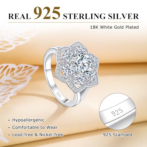 Flower Cocktail Ring for Women Stone Engagement Anniversary Rings | Sterling Silve|Hypoallergenic|Ruby|Sapphire|Emerald|Wedding and Birthday Party Women Statement Ring|Mother and Grandma Gift - color: CZ (April)