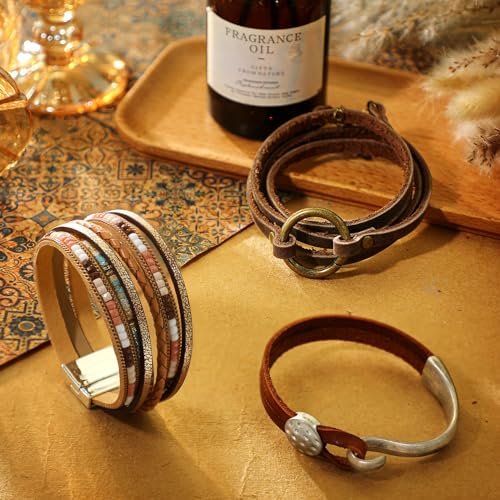 Inbagi 3 Pcs Western Jewelry for Women Bohemian Leather Bracelets for Women Faux Leather Multi Layered Wrap Bracelets Wristbands Cuff Boho Splicing Bangle Mens - style: Stylish
