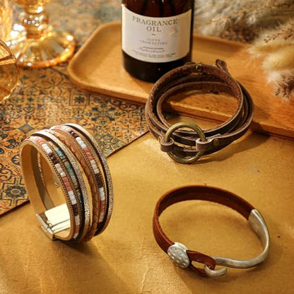 Inbagi 3 Pcs Western Jewelry for Women Bohemian Leather Bracelets for Women Faux Leather Multi Layered Wrap Bracelets Wristbands Cuff Boho Splicing Bangle Mens - style: Stylish