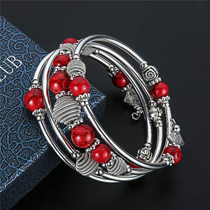 PEARL&CLUB Beaded Chakra Bangle Turquoise Bracelet - Fashion Jewelry Wrap Bracelet with Thick Silver Metal and Mala Beads, Birthday Gifts For Women - color: Red