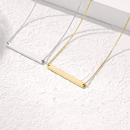 Gold Polished Horizontal Bar Necklace Personalized Stainless Steel Simple Pendant Link Layered Adjustable Chain for Women Girls Jewelry - color: White