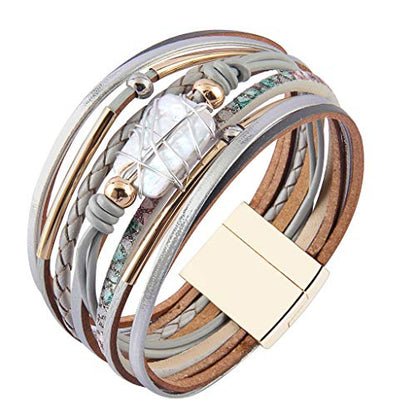 GelConnie Leather Cuff Bracelet Baroque Pearl Wrap Bracelet Gorgeous Gold Tube Bangle Boho Bracelet Bohemian Wristband Jewelry Gift for Women Wife - color: Women Leather Bracelet -Grey