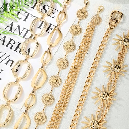 Liliaafar 6 Pcs Gold Silver Waist Chain Belt for Women Multi Layer Sun Metal Adjustable Body Belly Chain for Jean Dress - color: Gold