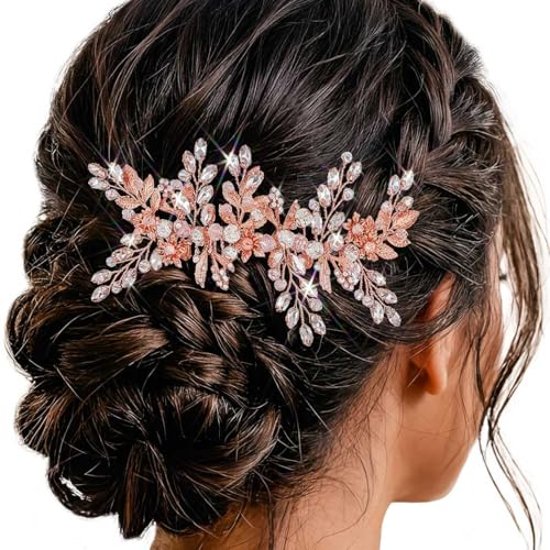JAKAWIN Bridal Hair Comb Wedding Hair Accessories Rhinestone Hair Clip | Rose Gold Prom Bride Headpiece for Women - color: C Rose Gold