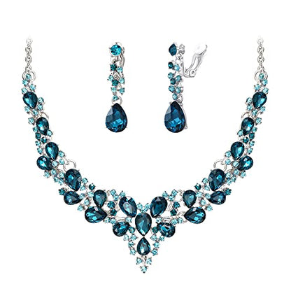 Wedding Statement Necklace Clip-on Earrings Jewelry Set | Sparkling Austrian Crystal Teardrop Cluster for Party Prom Accessories - color: 08-Blue Topaz Silver-Tone