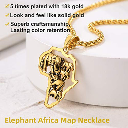 GOLDCHIC JEWELRY Africa Map Necklace for Men, Stainless Steel African Tribal/Egyptian Eye of Horus/I LOVE AFRICA/Elephant Map Hiphop Jewelry Unisex with 22'+2'Adjustable Chain - color: Elephant - Gold, style: No Customization