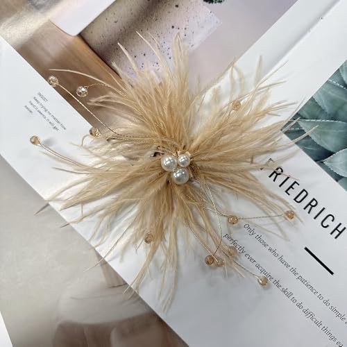 Elegant Feather Flower Pearl Cz Large Brooch Pin for Women Men Rhinestone Crystal Floral Lapel Pins Wedding Party Banquet Dress Suit Clothes Accessories Fashion Jewelry 180mm - color: Khaki