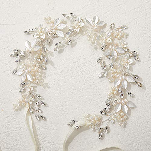 SWEETV Handmade Rhinestone Wedding Headband Flower-Leaf Bridal Headpieces for Wedding Pearl Hair Accessories (Silver) - color: Silver