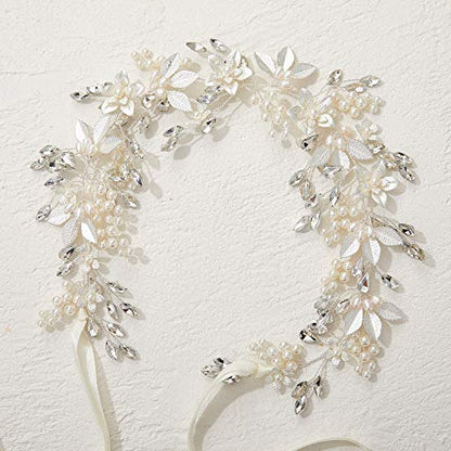 SWEETV Handmade Rhinestone Wedding Headband Flower-Leaf Bridal Headpieces for Wedding Pearl Hair Accessories (Silver) - color: Silver