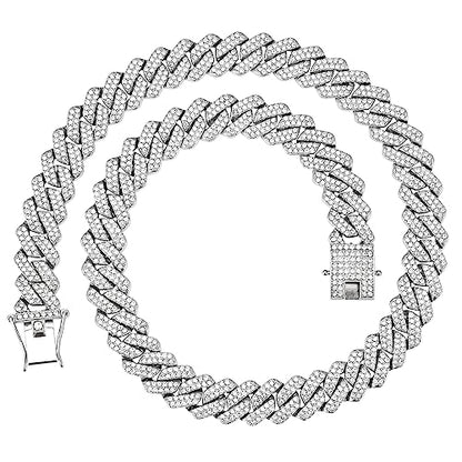 Mens Cuban Link Chain Miami Cuban Necklace 18K Gold Silver Chain For Men Women 14mm Iced Out Hip Hop Jewelry - color: 14K White Gold, size: 22 inches