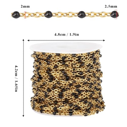 33FT 2mm Gold Cable Chains Black Enamel Chains Bulk for Jewelry Making | 18K Gold PVD Plated Stainless Steel Enamel Beaded Chains Roll for Necklace Bracelet - color: Gold Black Beads