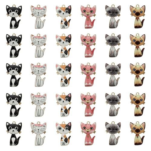 30 Pcs Cute Cat Charms - Alloy & Enamel Colorful Assorted Charm Set for Jewelry Making, Cat Craft Supplies for Necklace, Bracelet & Anklet - color: A