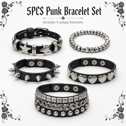 5 Pcs Punk Studded Bracelet Emo Goth Bracelets Y2k Alt Jewelry Grunge Spike Accessories for Men Women Rocker Clothes - color: 5 Pcs