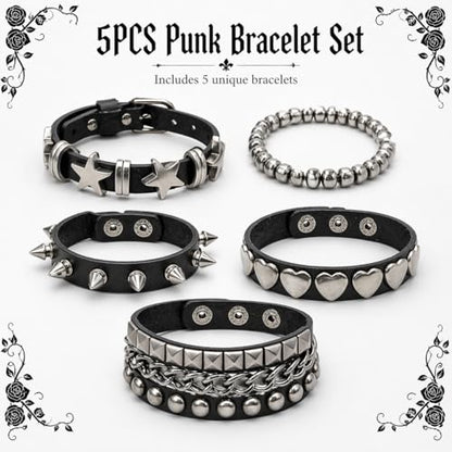 5 Pcs Punk Studded Bracelet Emo Goth Bracelets Y2k Alt Jewelry Grunge Spike Accessories for Men Women Rocker Clothes - color: 5 Pcs