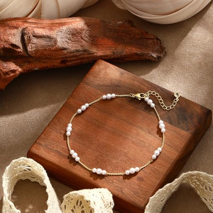 Gold/Silver Ankle Bracelets for Women Waterproof Dainty 14K Gold Plated Pearl Heart Love Anklet Bracelet Satellite Cuban Link Beads Summer Beach Jewelry Gifts - style: 3-Pearl-gold-021