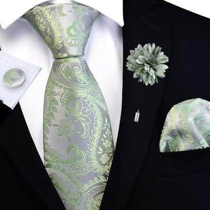 GUSLESON Paisley Tie Set for Men 3.15" Necktie Lapel Pin Hankerchief Cufflinks Set for Men - color: Sage Green