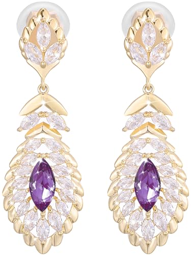 Clip On Crystal Dangle Non Pierced Earrings for Women 14K Gold Plated Jewelry - color: Feb-Amethyst-14K Gold