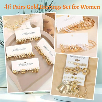 Gold Silver Hoop Earrings Set for Women, 46 Pairs Lightweight Twisted Pearl Heart Chunky Hoops Dangle Drop Earrings, Hypoallergenic Gold Plated Earrings for Daily Birthday Party Gift - color: Gold