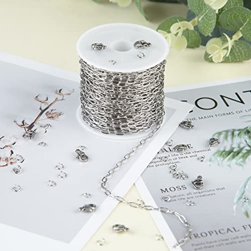 UMAOKANG 10 Meters Silver Steel Small Paper Clip Link Chain with 30 Open Jump Rings 10 Lobster Clasps Bulk for Necklace Choker Jewelry Making - color: Steel Small Paperclip