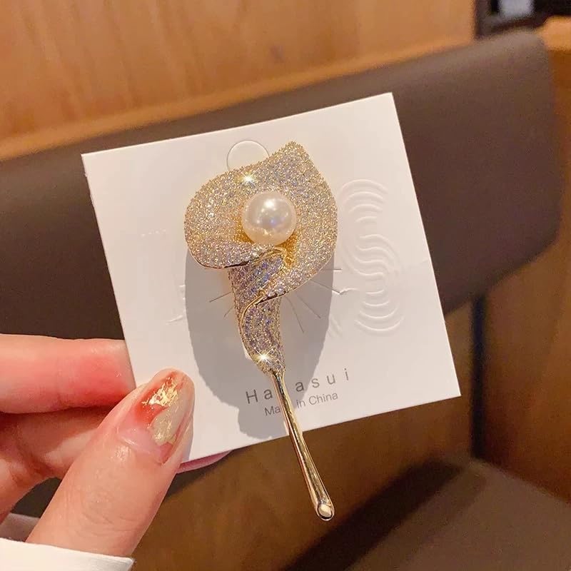 Elegant Floral Brooch Pins for Women, Crystal Pearl Rhinestone CZ Flower Lapel Pin Wedding Party Exquisite Brooches and Pins for Women Ladies - color: Gold+White
