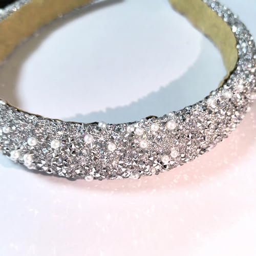 Glitter Crystal Headband for Women - Sparkly Bling Diamond Wide Hairband With Sparkle Beaded Crystals, Thick Padded, Non-Slip Hair Hoop for Party (White, L) - color: White