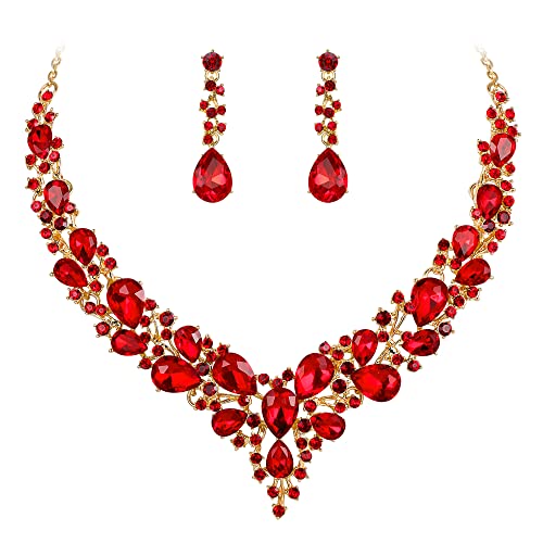 Women's Wedding Statement Necklace Dangle Earring Jewelry | Austrian Crystal Teardrop Cluster,Necklaces Earrings Set for Bride Bridesmaid,Prom Accessories - color: 21-Ruby Color Gold-Plated-Base