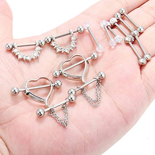14G 9/16Inch Crystal Ball Nipple Tongue Shield Ring Barbell Body Piercing Jewelry Retainer 8-14PCS - color: 14PCS - Silver